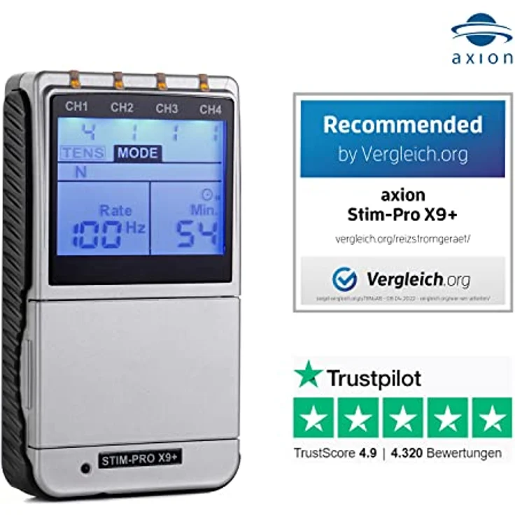 Axion STIM-PRO X9+ TENS-EMS-Gerät, 4 Kanal Schmerztherapie, Muskelaufbau, Massage, Beckenbodentraining, inkl. 37 Programme, Spar-Set – Bild 2