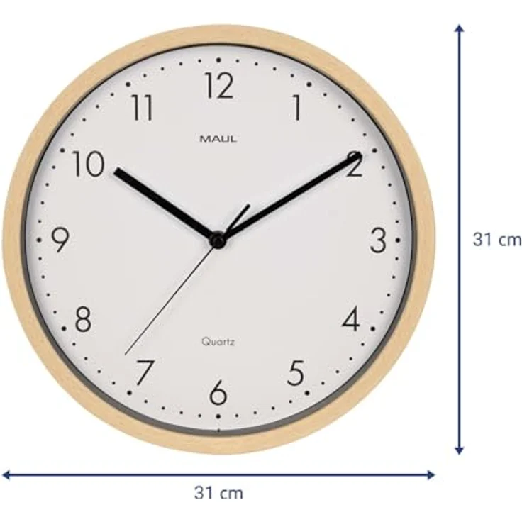 Maul 9051470 Quarz Wanduhr, 30cm Holzoptik mit schleichendem Sekundenzeiger, weißes Ziffernblatt – Bild 2
