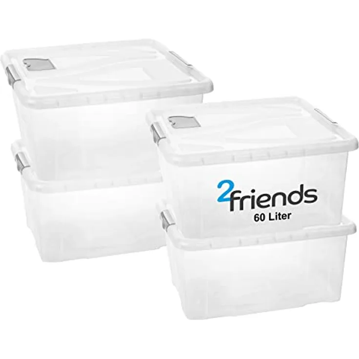 2friends Aufbewahrungsbox mit Deckel Groß, 4 Stück, 60 L Boxen Aufbewahrung, Kisten Aufbewahrung mit Griffen, Lüftungsklappe, Made in EU, Modell: Milan, transparent mit grauen Clip-Verschlüssen