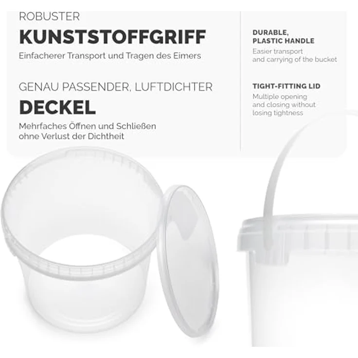 Garronda Eimer mit Deckel 8 L für die Lagerung von Lebensmittel- und Chemischen Produkten 50 Stück Transparent GD-0072, Kunststoffeimer mit Spitzen-Verarbeitungsqualität und wasserdichter Aufbewahrungsfunktion – Bild 3