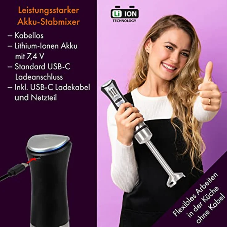 ProfiCook® Stabmixer kabellos zum mixen, zerkleinern und pürieren, Pürierstab mit Akku 3 Stufen inkl. USB-C Ladegerät, Stabmixer Akku für Smoothie, Soße, Shake, Babynahrung, PC SM 1237 A – Bild 4