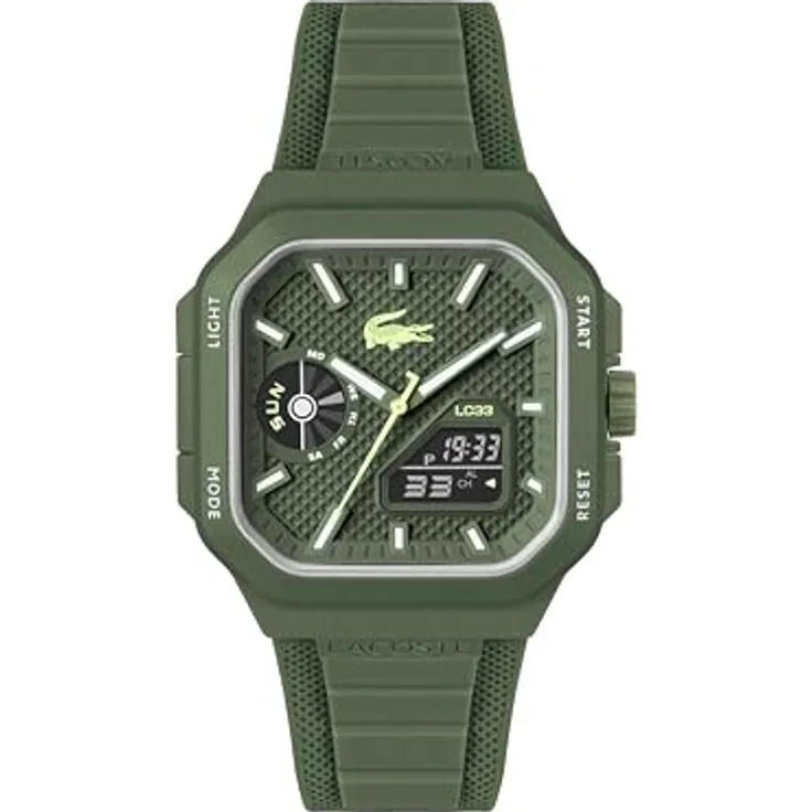 Lacoste LC33 Square, Herrenuhr mit DREI-Zeiger-Quarzwerk, grünes Silikonarmband und 10 ATM wasserdicht