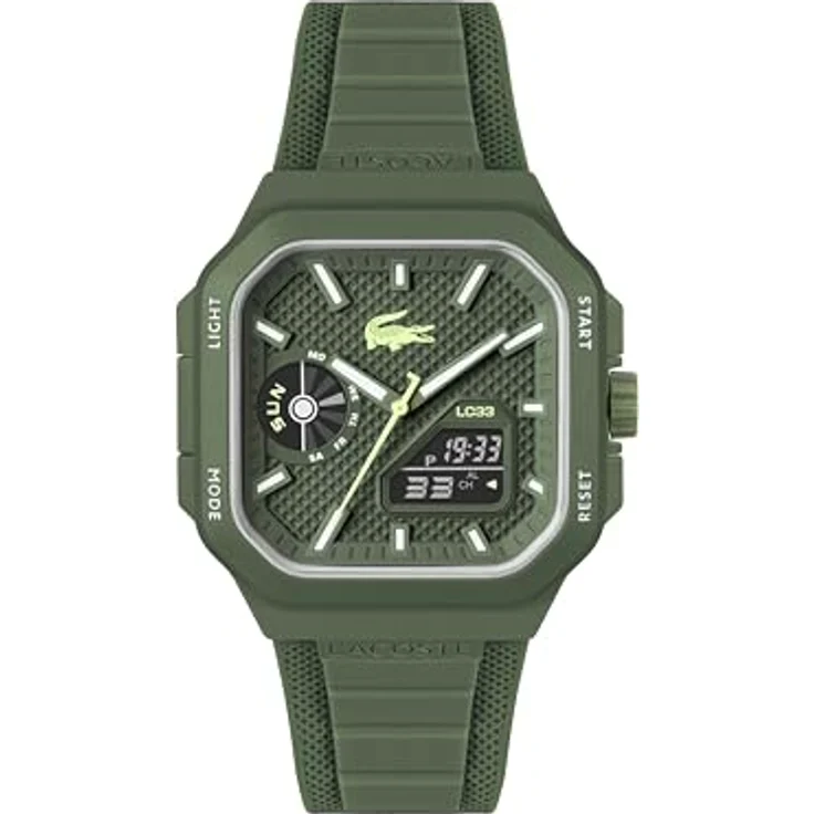 Lacoste LC33 Square, Herrenuhr mit DREI-Zeiger-Quarzwerk, grünes Silikonarmband und 10 ATM wasserdicht – Bild 1