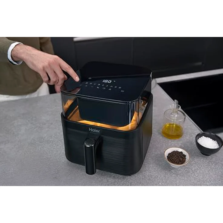 Haier HAF3AFW Heißluftfritteuse 7L mit 360° Sichtfenster, 8in1 Funktionen: Frittieren, Grillen, Braten, Backen, Dörren, Aufwärmen, Auftauen, Slow Cook, antihaftbeschichtet, spülmaschinenfest – Bild 2