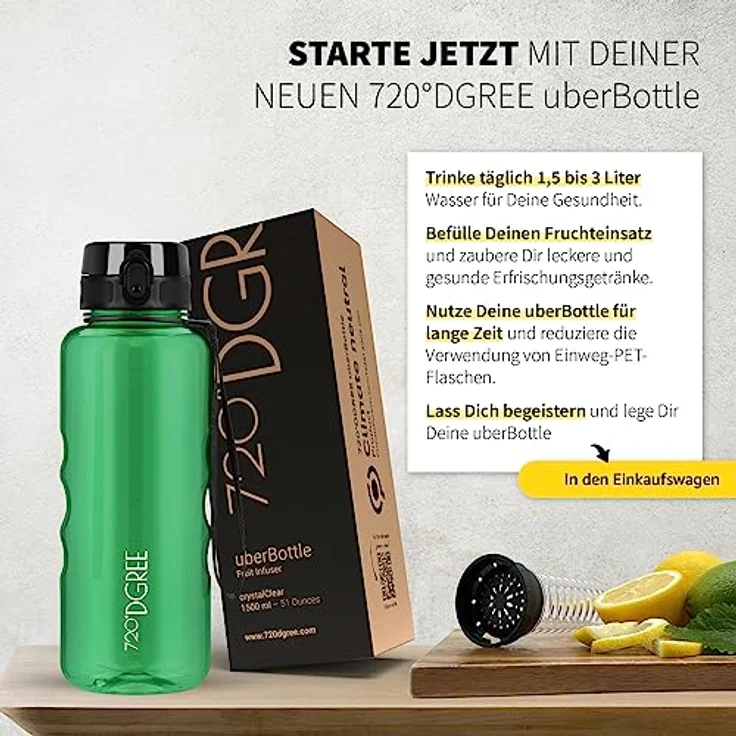 Trinkflasche Wasserflasche Fruchteinsatz 1,5L - BPA Frei uberBottle 720 DGREE forest green transp – Bild 5