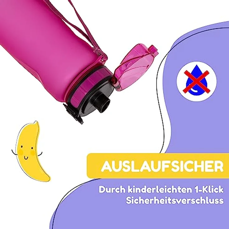 schmatzfatz Kinder Trinkflasche 800ml, Sport für Schule Kindergarten, 1-Klick Verschluss, Geschmacksneutrale Wasserflasche, Auslaufsicher mit Fruchteinsatz, BPA-Frei – Bild 2