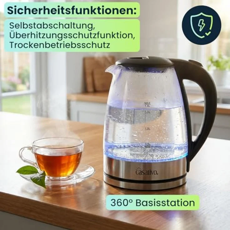 Casativo Edler Glas-Wasserkocher 1,8L mit blauer LED-Beleuchtung, Edelstahl, 2200W, Teekocher mit Abschaltautomatik & Trockenbetriebsschutz – Bild 5