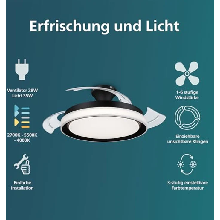 Philips Bliss LED DC-Deckenleuchte Ventilator 28W+35W, 2700-5500K, schwarz – Bild 3