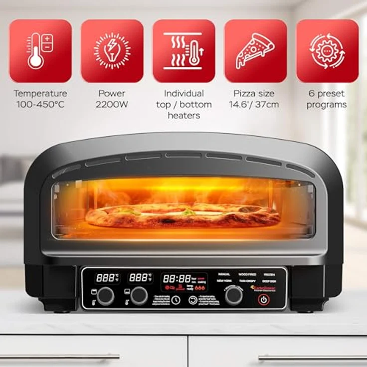 TurboTronic TT-PO14, Pizzaofen bis 450°C für 37cm Pizzen mit Pizzastein, 2200W elektrisch, Indoor/Outdoor, 6 Programme, mobiler Mini Backofen – Bild 6