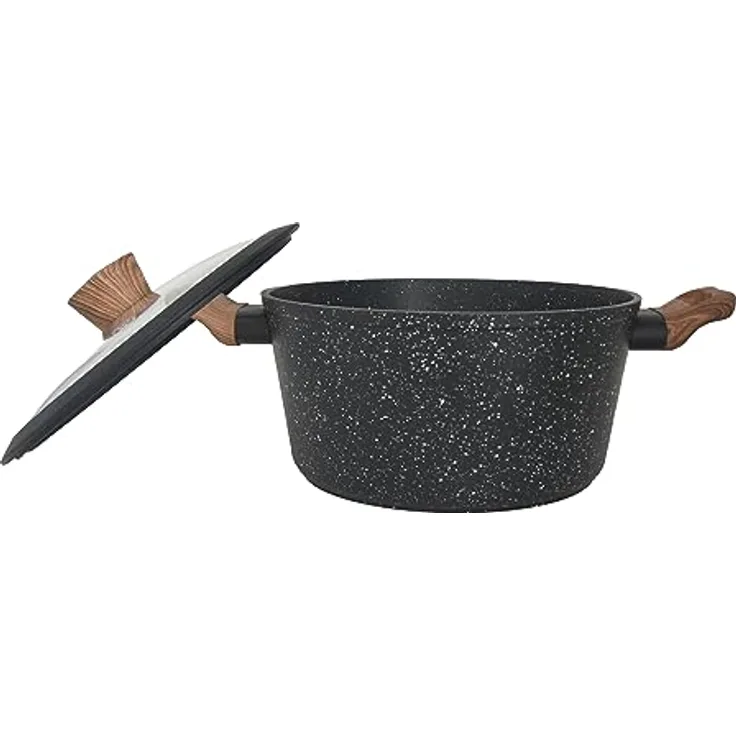 Westinghouse Kochtopf 24cm mit Glasdeckel, 3-lagige Marmor-Antihaftbeschichtung, aus geschmiedetem Aluminium, Genietete Griffe mit Silikonbeschichtung in Holzoptik, Spülmaschinengeeignet, schwarz