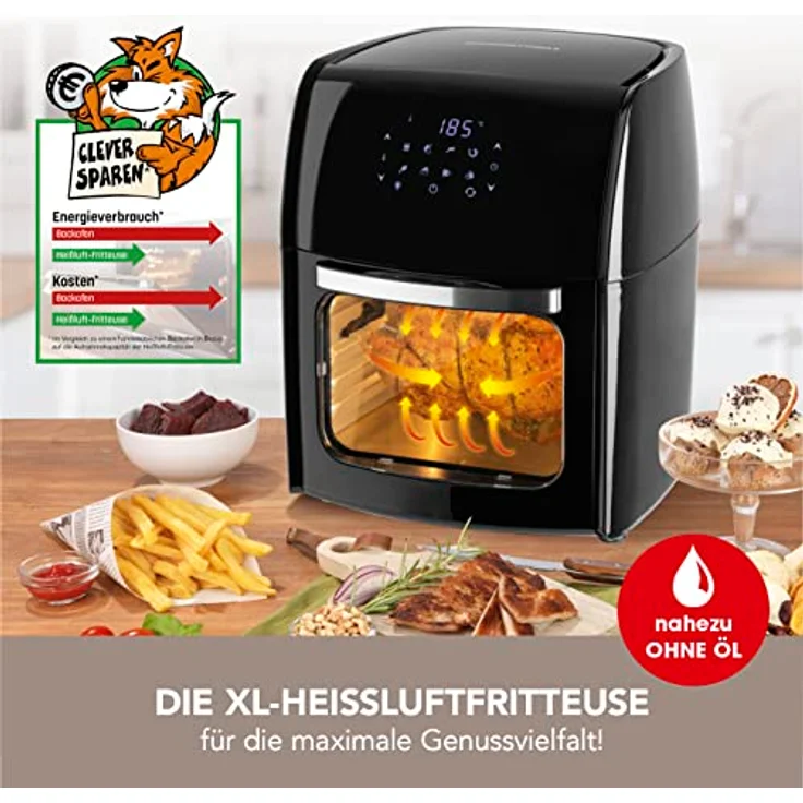 GOURMETmaxx Digitale XL Heißluftfritteuse 12 Liter | Besonders fettarme und schonende Zubereitung | 9 Programme | Timerfunktion für punktgenaues Garen und automatisches Abschalten [Schwarz] – Bild 2