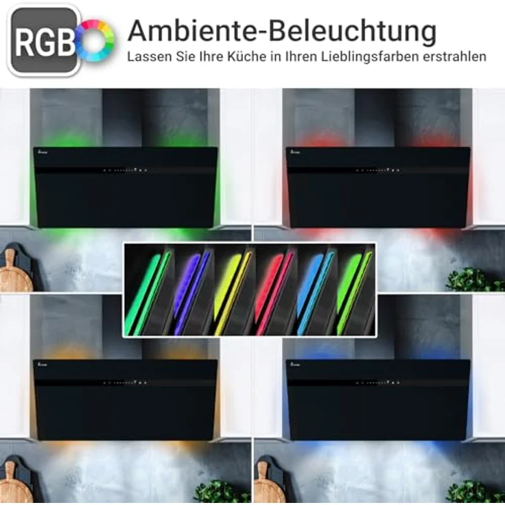 KKT KOLBE STYLE9005SMAO Dunstabzugshaube 90 cm 782 cbm/h Edelstahl schwarzes Glas WLAN RGBW-LED SensorTouch Bedienung, A+++ Energieeffizienzklasse – Bild 3
