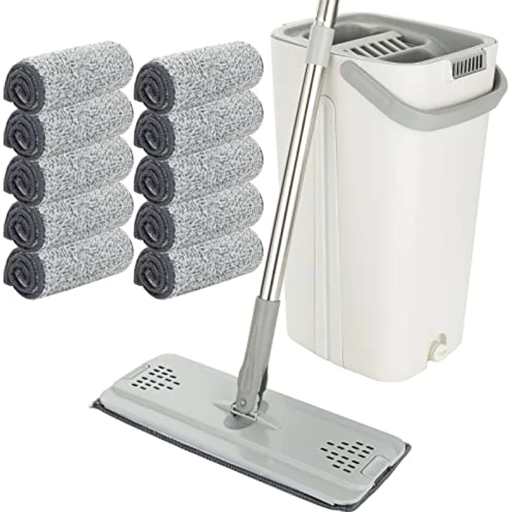 ASelected Flaches Mopp- und Eimer-Set, freihändiger Quetschmopp mit 10 wiederverwendbaren Mikrofaser-Mopp-Pads und Edelstahl-123 cm langem Griff, Mikrofaser-Bodenwischer für Fliesen, Marmor, Hartholz – Bild 1