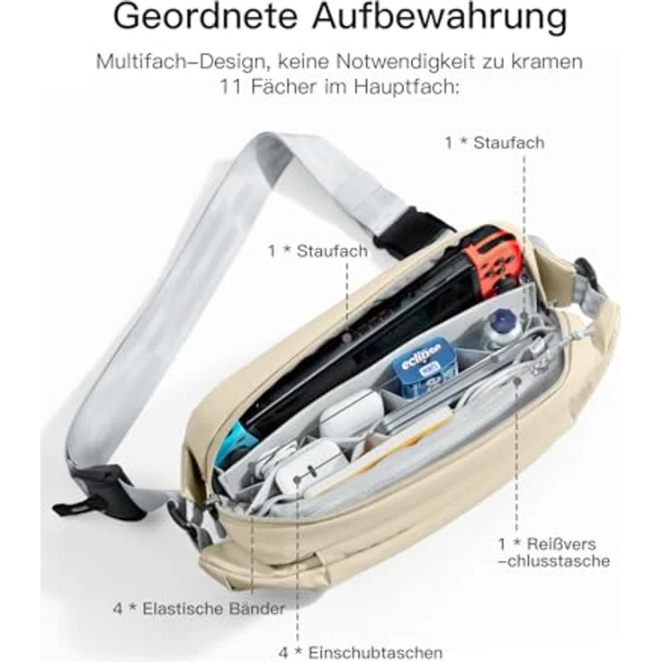 Inateck Sling Bag X, Wasserdicht Bauchtasche Herren Damen, Kompakt Chest Bag für Alltag Reise Wandern, Schwarz – Bild 4