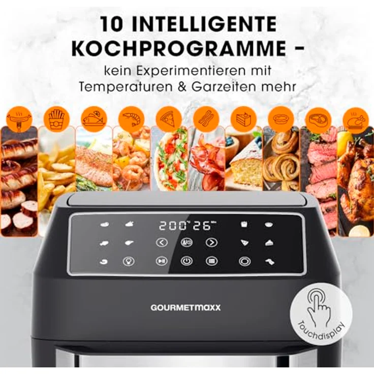 GOURMETmaxx XXL-Heißluftfritteuse mit großem Fassungsvermögen (12L) und 10 Programmen für eine schnelle & mühelose Zubereitung | Touchdisplay und Timer-Funktion | Inkl. umfangreichem Zubehörpaket - Preisvergleich – Bild 5