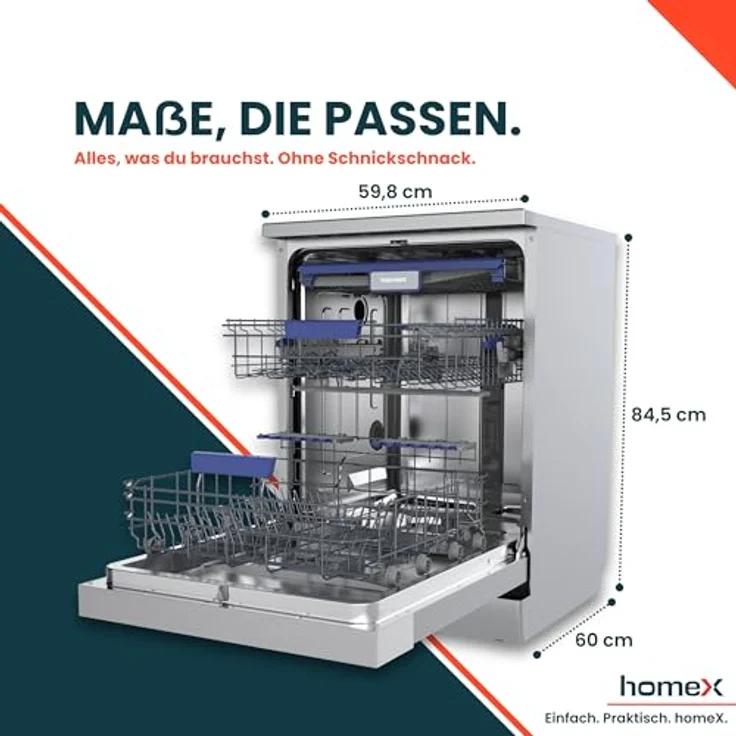 homeX DWFS601442A-S Geschirrspüler 60 cm, freistehend, 14 Maßgedecke, 9 Programme, AquaStop, unterbaufähig, 42 dB – Bild 5