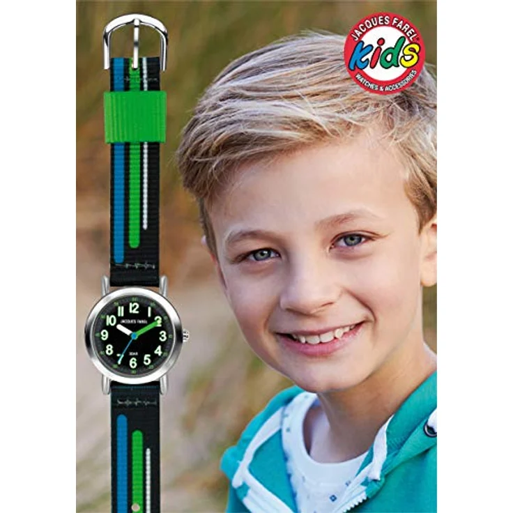 JACQUES FAREL Kinder-Armbanduhr Jungen Analog Quarz mit Stoffband Textilband Schwarz Blau Grün KPS 403, IPS-beschichtetes Metallgehäuse, deutliches Zifferblatt, Original japanisches Quartzwerk – Bild 5