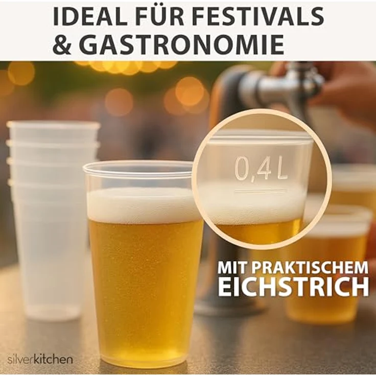 Silverkitchen 50x Mehrweg Plastikbecher 0,4 L – Stapelbare spülmaschinenfeste Hartplastik Becher für Partys & Gastronomie, BPA-frei – Bild 3
