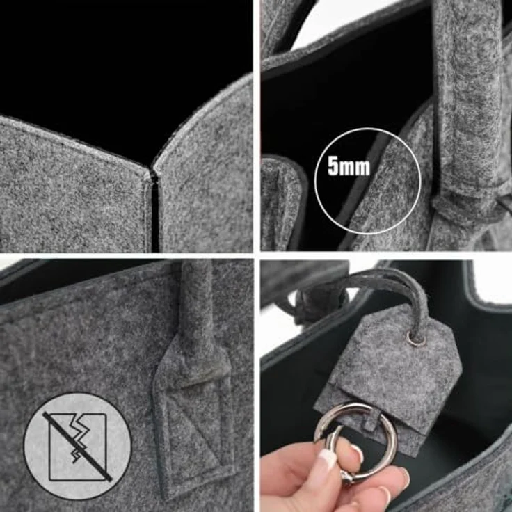 DuneDesign XXL Filztasche für Einkauf und Kaminholz, bis 25kg belastbar, 50x25x25 cm, grau und schwarz, mit stabilen Griffen und Schlüsselband – Bild 5