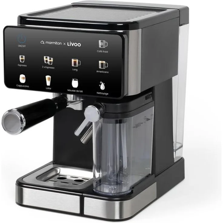 Livoo DOD222CO, Espressomaschine mit Thermoblock-Heizsystem, Touchscreen und 8 Programmen, kompatibel mit ESE-Pads und Nespresso®-Kapseln, inkl. Milchbehälter und Tassenwärmerplatte
