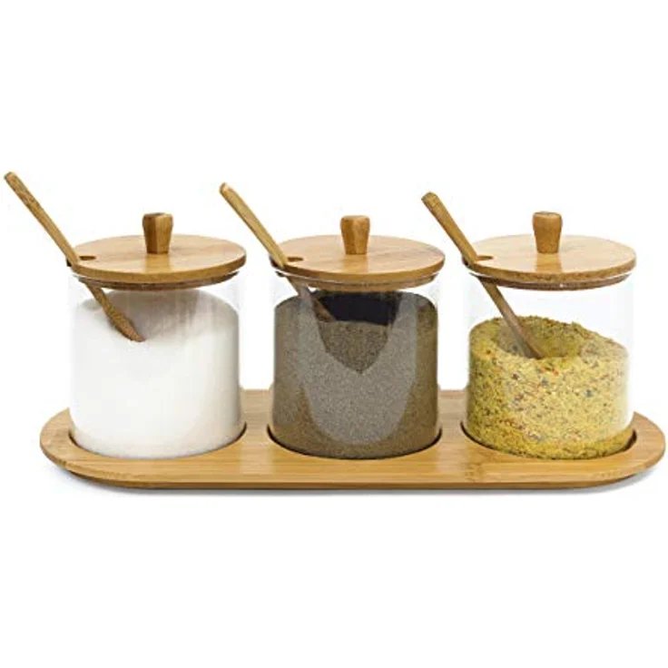 Relaxdays Gewürzgläser JIAO HBT: 12 x 31 x 12 cm Bambus Gewürzhalter für 3 Gewürzbehälter aus Glas mit passenden Löffeln als Alternative zu Gewürzständer und Gewürzregal für Küche und Esstisch, natur – Bild 6