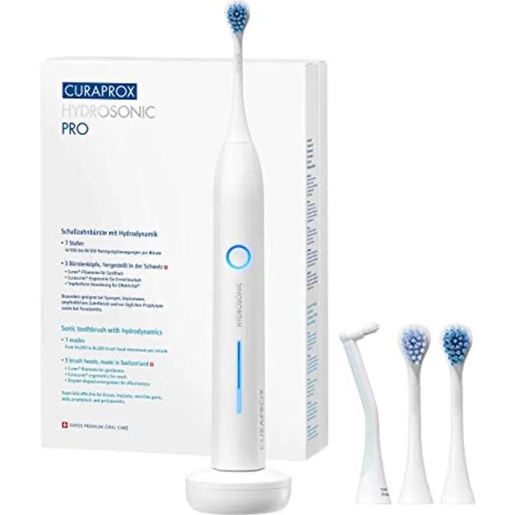 Curaprox Elektrische Schallzahnbürste Curaprox Hydrosonic pro, 7 Putzstufen, LED-Funktionsanzeige, 2-Minuten-Timer, 3 verschiedene Bürstenköpfe, mit Ladegerät und Travel-Case