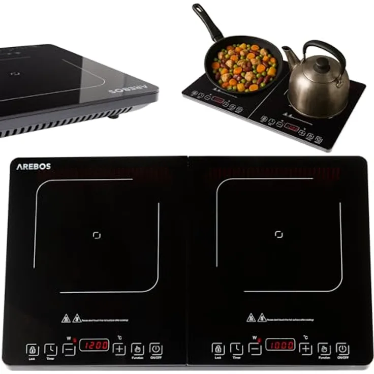 Arebos Doppel-Induktionskochplatte 3500W, tragbar mit 2 Kochzonen, Touch-Display, Timer, Überhitzungsschutz und energieeffizientem Design für Camping und Outdoor