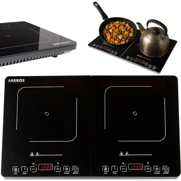Arebos Doppel-Induktionskochplatte 3500W, tragbar mit 2 Kochzonen, Touch-Display, Timer, Überhitzungsschutz und energieeffizientem Design für Camping und Outdoor – Bild 1