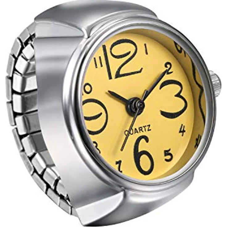 JewelryWe Ringuhr Fingeruhr Analog Quarz für Herren und Damen, elastisches Legierungsband, rund, gelb – Bild 1