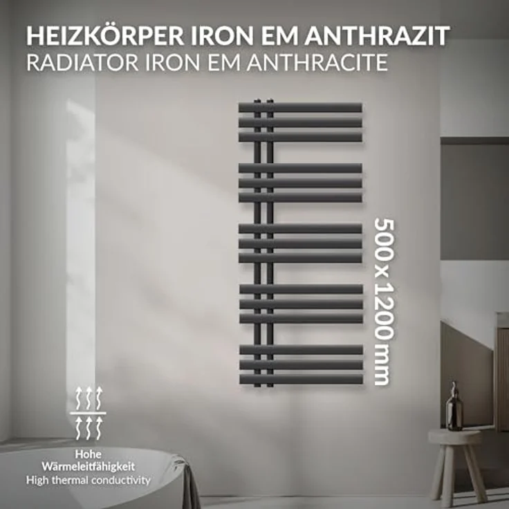 ECD Germany Iron EM Design Badheizkörper - 500 x 1200 mm - Anthrazit - Designheizkörper Paneelheizkörper Handtuchwärmer - 404W - Fachhandelsware – Bild 2