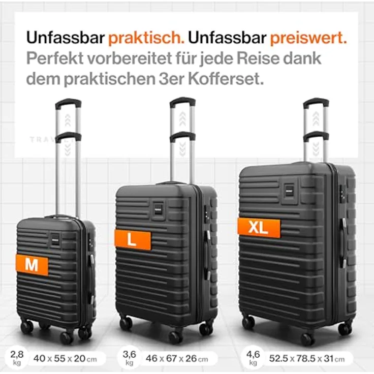Travely Premium Koffer Set: 28", 24" & Handgepäck Koffer in einem Set, Polycarbonat, TSA Schloss, sanfte Rollen - Koffer & Trolleys - Travely