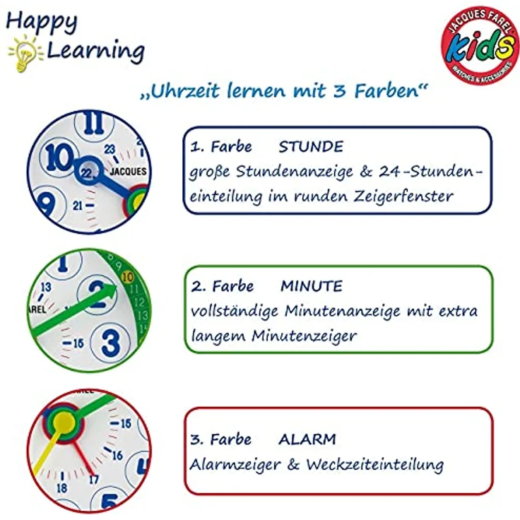 JACQUES FAREL Happy Learning Lernwecker Kinder-Wecker Blau Grün ohne Ticken, mit Licht, Snooze und analoger Quarzzeitstellung, 10 x 10 cm – Bild 2