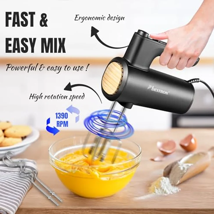 Bestron Power Handmixer AHMD100BW, 400W leistungsstarker Handmixer mit 6 Stufen, Turbo-Funktion, LCD-Display, Schwarz/Holz – Bild 3