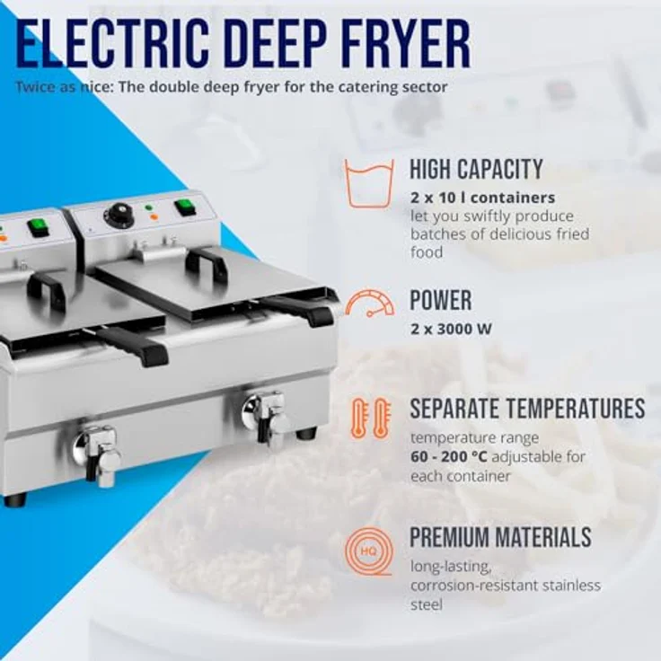 Royal Catering Fritteuse 2 x 10 L Doppel Ablasshahn Edelstahl Elektro Kaltzone, 6000 W - Professionelle Elektro-Fritteuse für große Mengen Pommes Frites, Edelstahl, 2 x 5 Liter Öl-Kapazität, 230 V – Bild 3