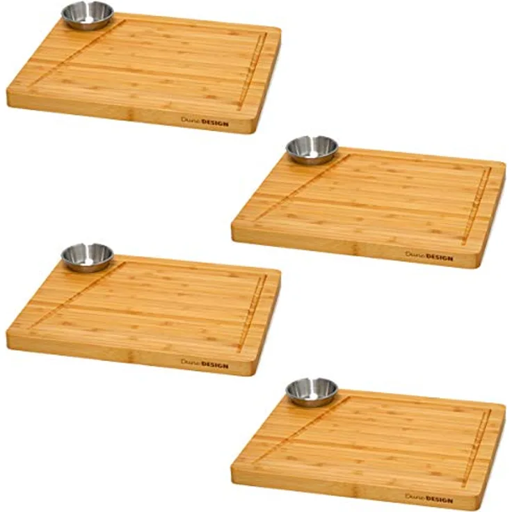 Dunedesign Steakbrett, Beige, 4-teiliges Set mit Dip-Schalen, 25x30 cm, Schnittfest und hygienisch aus 100% Bio-Holz