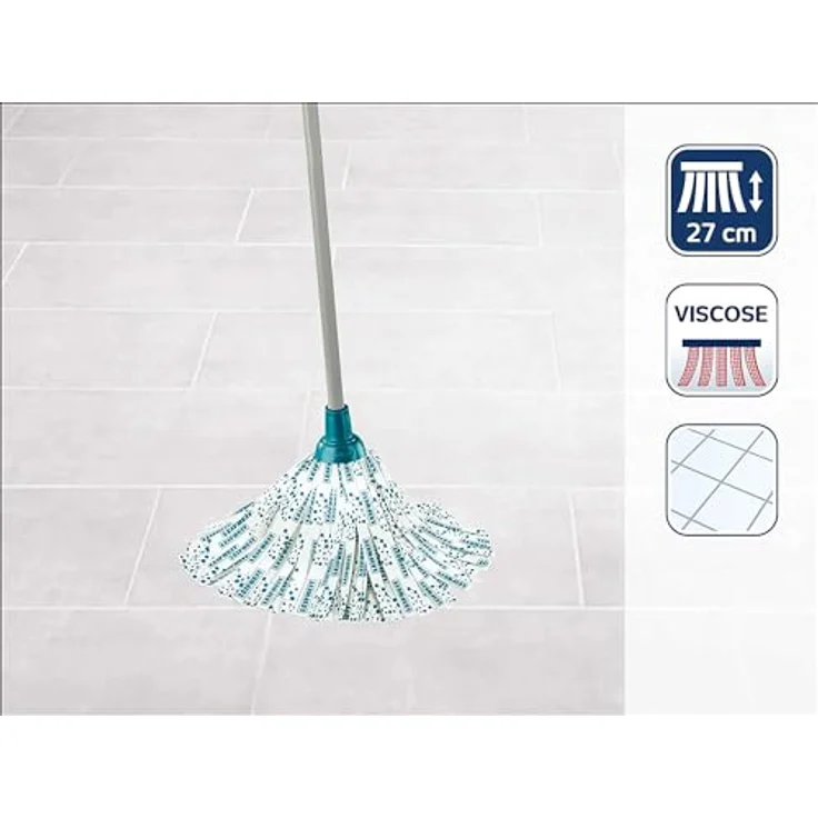 Leifheit Classic Mop Viskose, mit Viskose und Polyester für hartnäckige Flecken auf Fliesen und Steinböden, 1,25m Stahlstiel, extra saufgähiger Wischmopp, waschbar bei 60°C, flexible Mopkopf-Streifen – Bild 4