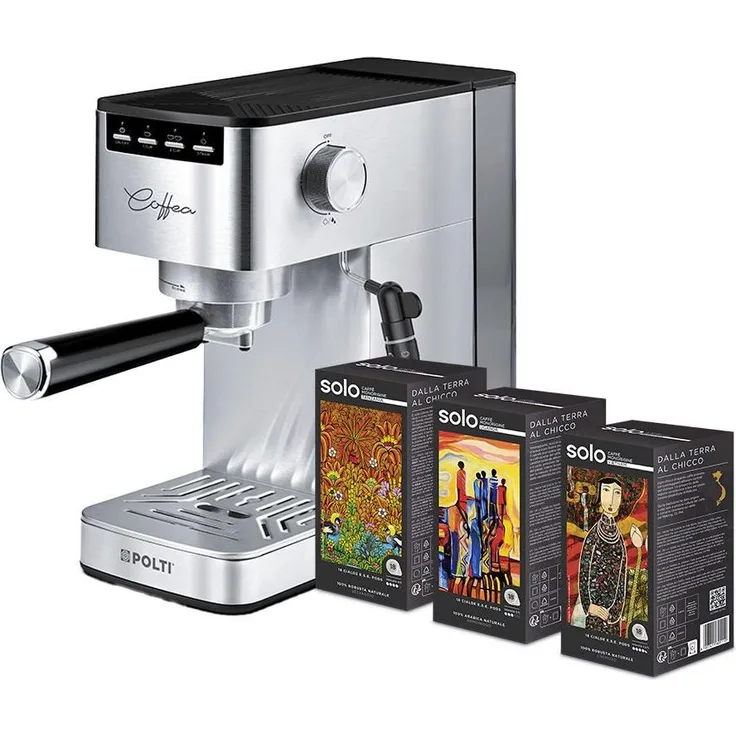 Polti Coffea P10S, Espresso Kaffeemaschine für Kaffeepads und gemahlenen Kaffee, 15 bar Druck, integrierter Milchaufschäumer, Silber