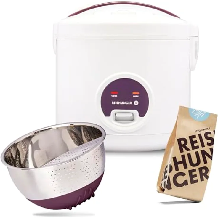Reishunger Basis Reiskocher Starter Set, Großer Basis Reiskocher weiß Keramik, Inkl. Reiswaschschüssel Edelstahl (Aubergine), 8 Sorten Lieblingsreis Set