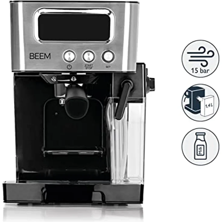 BEEM ESPRESSO-LATTE Siebträgermaschine -15 bar | Kaffeespezialitäten – wie vom Barista | Mit 0,4 L Milch- & 1,4 L Wassertank | Milchschaumkonsistenz individuell wählbar [Schwarz-Silber] – Bild 2