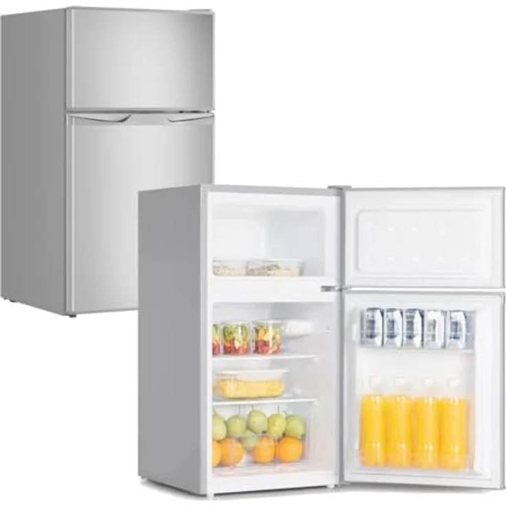 YUNA Kühl-Gefrierkombination GK85E-IX | 85cm Höhe | Inox-Look | 84 Liter Nutzinhalt |4*Gefrierfach 25 L | LED-Beleuchtung | Single/Büro Kühlschrank | 2 Böden | 2 Türfächer | Gemüseschublade – Bild 1