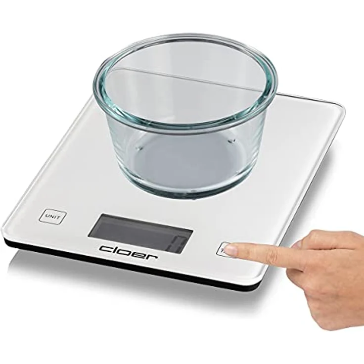 Cloer Küchenwaage 6871 digital, 10kg , 1 g Teilung, Zuwiegefunktion, Glaswiegefläche, weiß – Bild 5