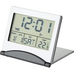 TFA Dostmann Digitaler Reisewecker, 98.1054, multifunktional, Timer und Stoppuhr, Datum, Wochentag und Temperatur, silber, L 73 x B 12 (63) x H 63 (58) mm