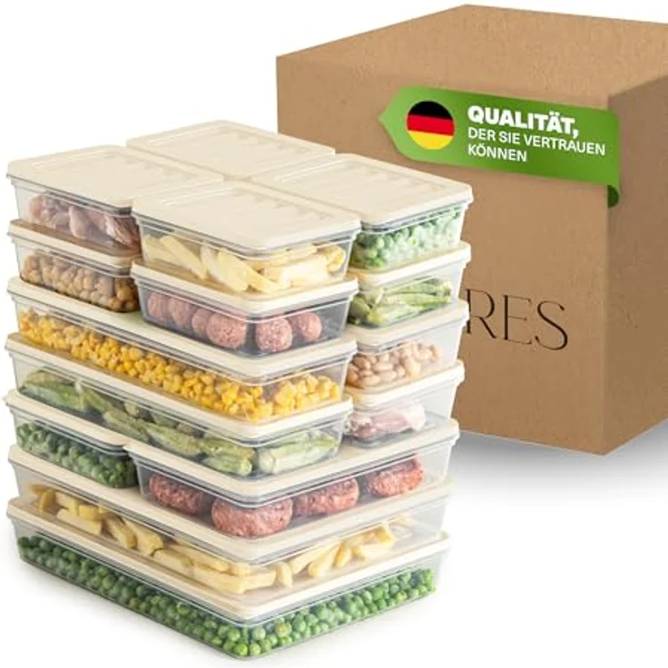 VIWARES Stapelbare Gefrierdosen 16er Set, Lebensmittel Organizer Beige, frostfest bis -25°C, wiederverwendbare Frischhaltedosen für Kühlschrank und Gefrierschrank – Bild 1