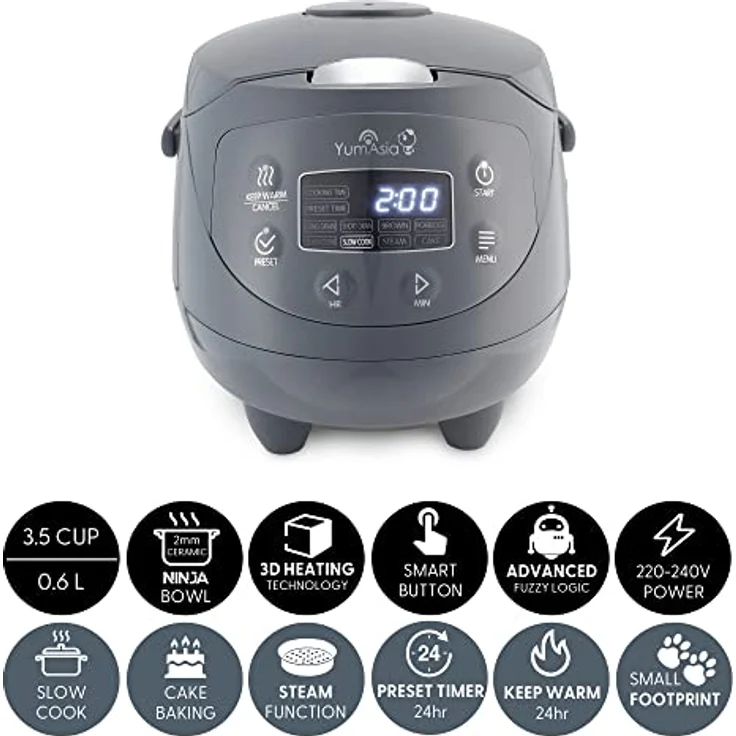Yum Asia Panda Mini-Reiskocher mit Ninja-Keramikschüssel und Advanced Fuzzy Logic (3,5 Tassen, 0,63 Liter) 4 Reisfunktionen, 4 Multicooker-Funktion, 220–240V (Cobalt Grey) – Bild 2