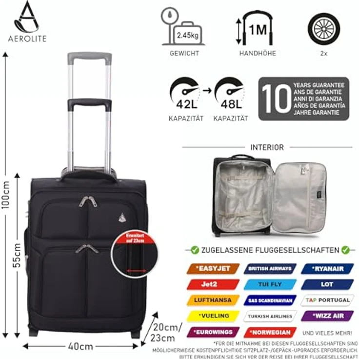 Aerolite Erweiterbar Bordgepäck Koffer 55x40x20cm - 2 Rollen, erweiterbar auf 55x40x23cm, kompatibel mit Lufthansa, Eurowings, Schwarz – Bild 2