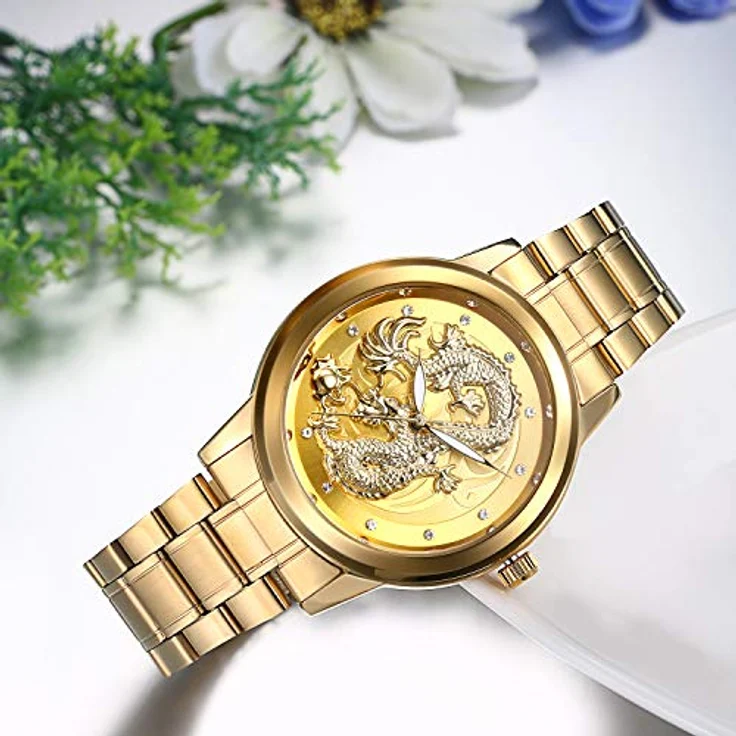 JewelryWe Armbanduhr für Damen und Herren, Edelstahl Gold, 3D Drache Zifferblatt, Leuchtzeiger, Diamantskala, wasserdicht – Bild 3