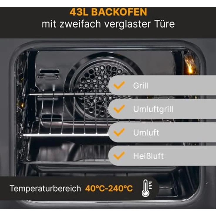 Bomann® Elektroherd EHC 7939 | Freistehender Backofen 50cm mit 4 Kochplatten | 43L Standherd mit Ober-/Unterhitze | Inkl. Blech & Grillrost | 40°C-240°C, Silber – Bild 5