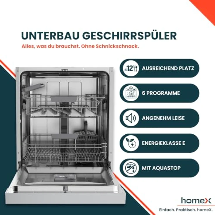 homeX GSBU6012AE Geschirrspüler 60 cm Unterbau, 12 Maßgedecke, 6 Programme, AquaStop, schwarz – Bild 2