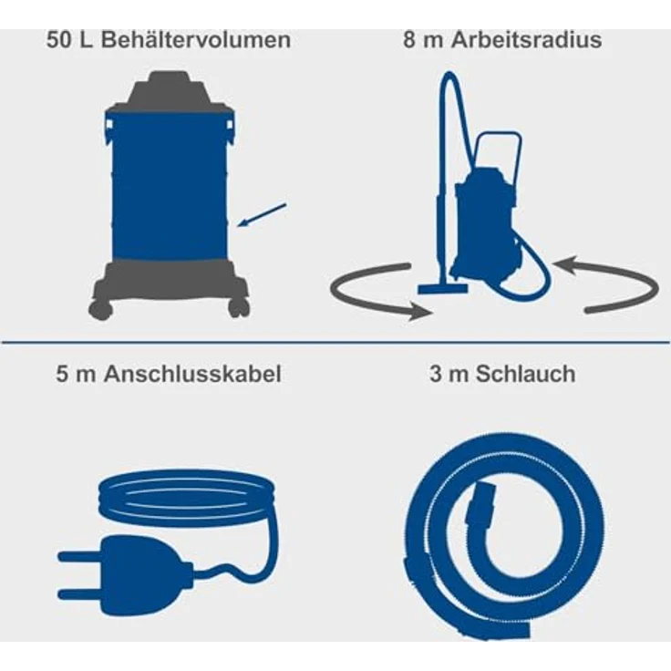 Scheppach VC50 Nass- / Trockensauger, 50L Edelstahlbehälter, 1400W, 20kPa Saugleistung, inkl. Teleskoprohr und Werkzeugsteckdose, 5m Kabel, 3m Schlauch – Bild 2