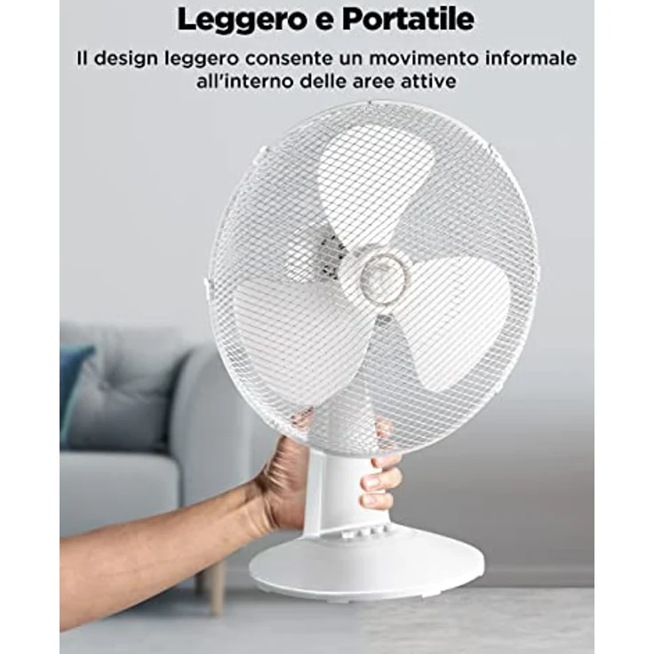 Midea Tischventilator, 3 Geschwindigkeitsstufen, mechanische Steuerung, 80° Oszillation, neigbar, weiß – Bild 7